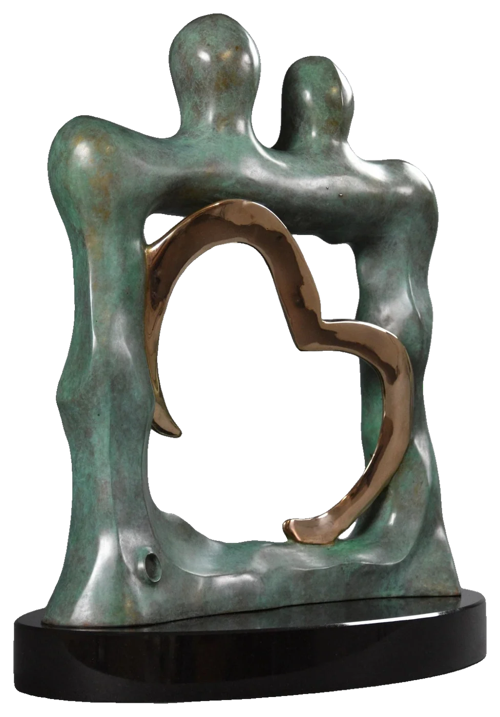 Embrace, 2018. Bronze. Green-patinated bronze of two joined figures forming an open frame, with a polished bronze heart inside, on an oval black base.
