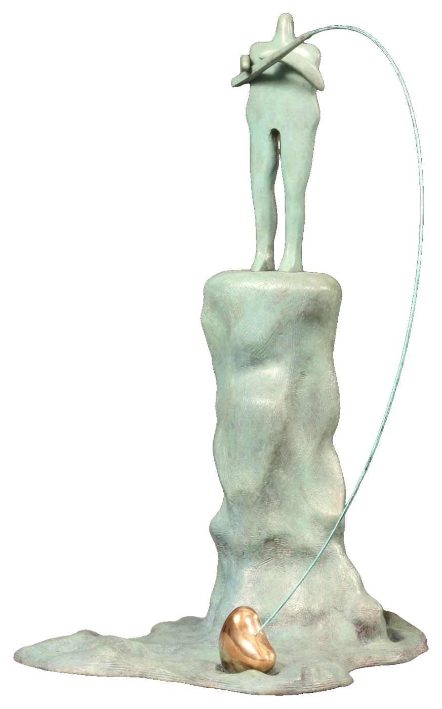 Hearts Fishing, 2017. Bronze and steel. Pale green bronze figure standing on a tall eroded column, holding a long fishing line that curves down to a polished bronze heart at its foot.