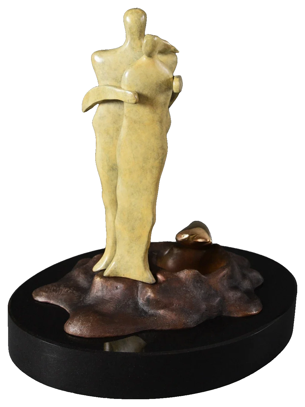 Hug, 2018. Bronze. Pale yellow bronze of two figures embracing as one form, standing on rounded brown stones on a black base.