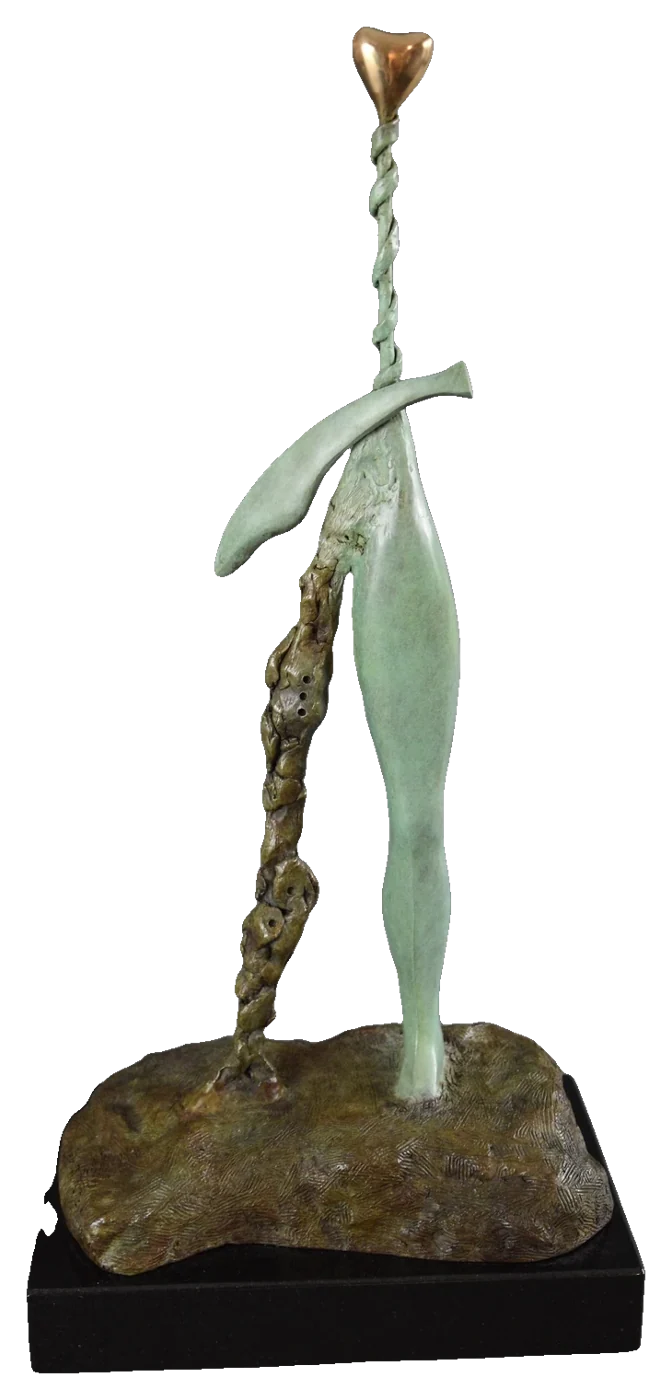 Keep Going, 2017. Bronze. Pale green bronze figure beside a twisted stem topped with a small gold heart, on a textured base and black plinth.