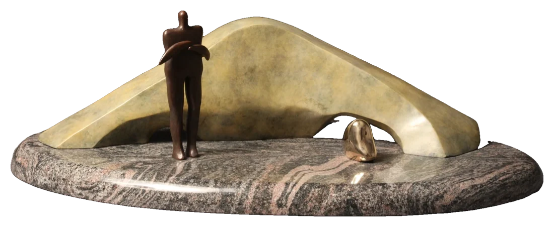 Man Dream, 2017. Bronze. Small dark bronze figure standing beside a long pale arch on a marbled oval base.