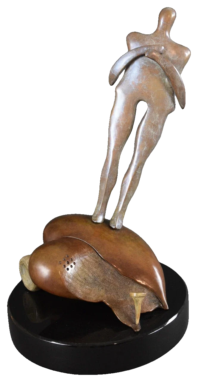 Spiked, 2018. Bronze. Bronze figure with crossed arms standing on two rounded, heart-like stones and a fallen bottle form, on a round black base.