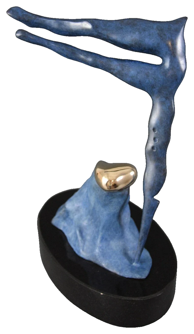 Standard Bearer, 2018. Bronze. Blue-patinated bronze of a long, flag-like figure arching from a draped base, with a small polished gold heart, on an oval black base.