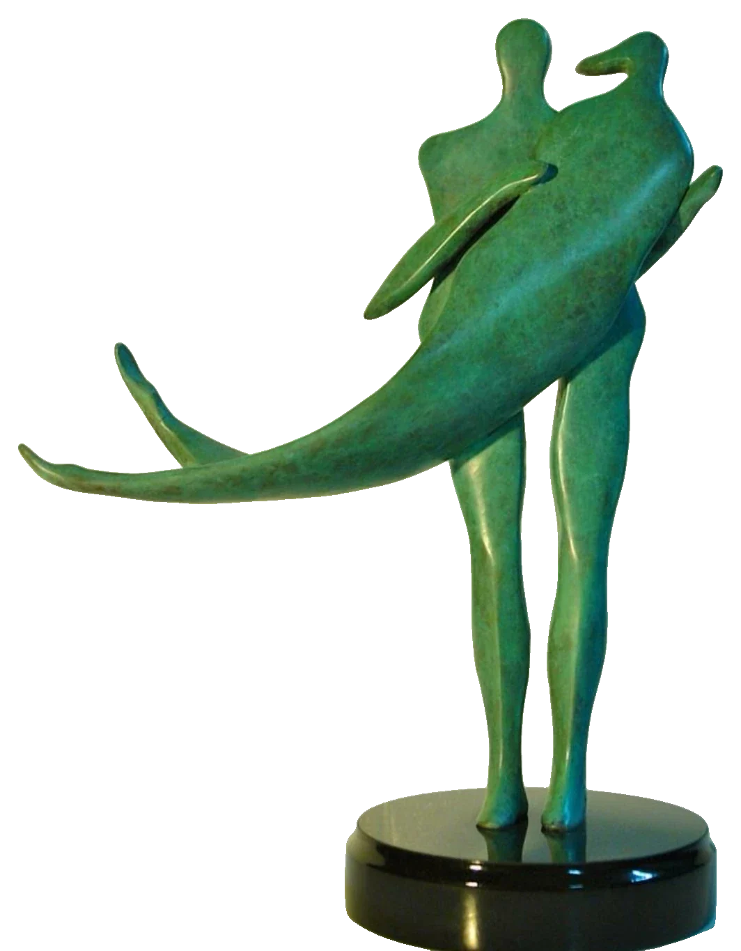Untitled, 2014. Bronze. Green-patinated bronze of two figures embracing, one with a long sweeping arm, on a round black base.