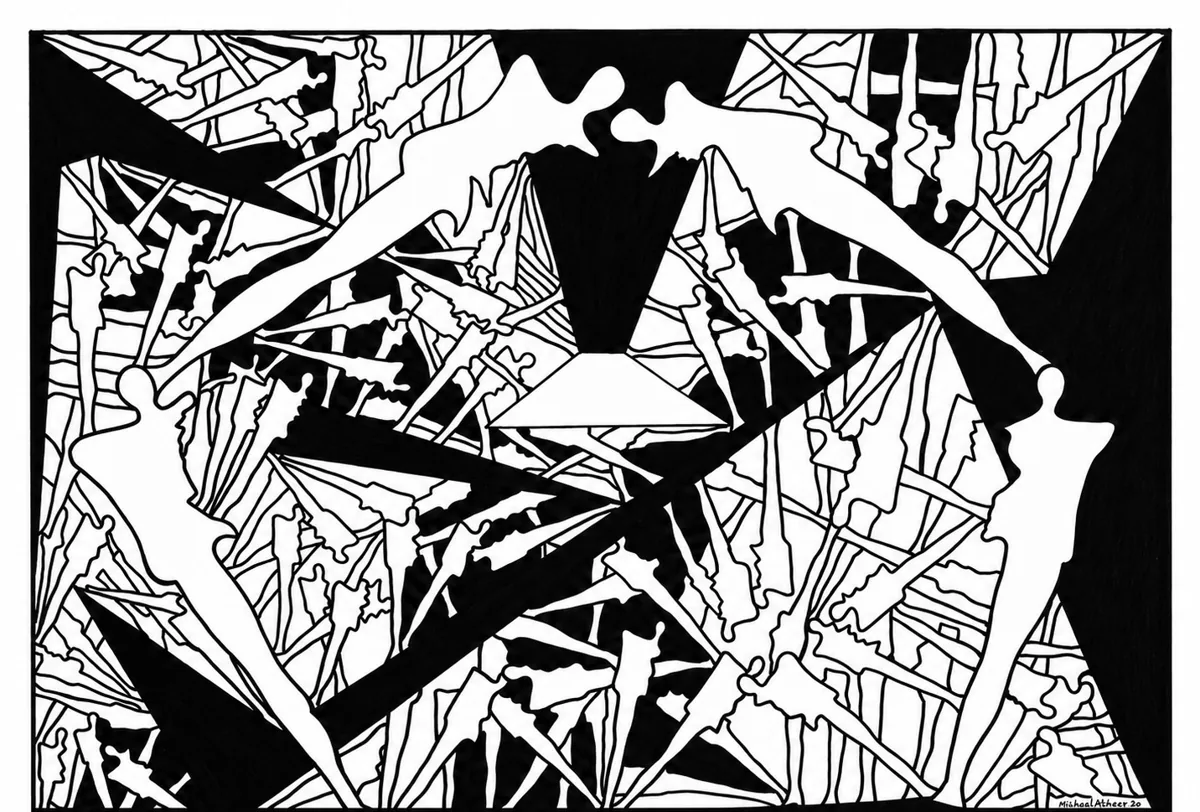 A Fragile Unity, Exhibited 2027. Marker on paper. Dense black-and-white drawing of interlocking angular shards and elongated white figures.