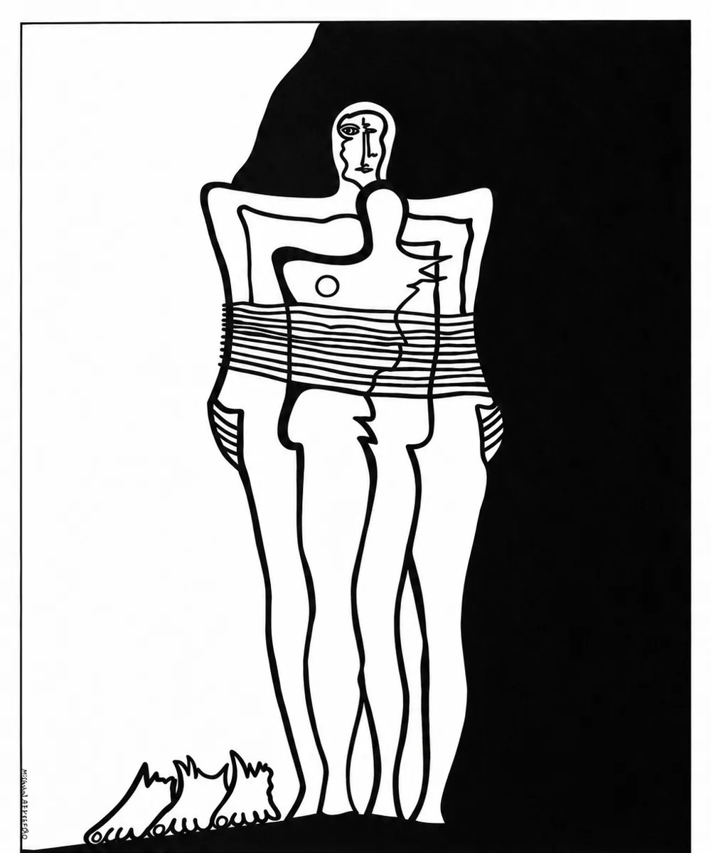 Between Connection and Separation, Exhibited 2027. Marker on paper. Black marker drawing of two tall figures bound together at the waist by bands, standing on a ground of small fragments, half against a black field.
