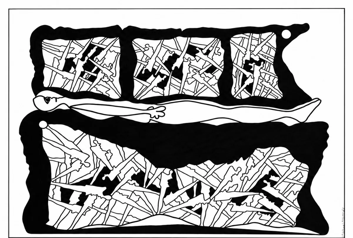 Between Earth and Body, Exhibited 2027. Marker on paper. Drawing of a reclining figure lying across a band of black, between panels of fractured shapes.
