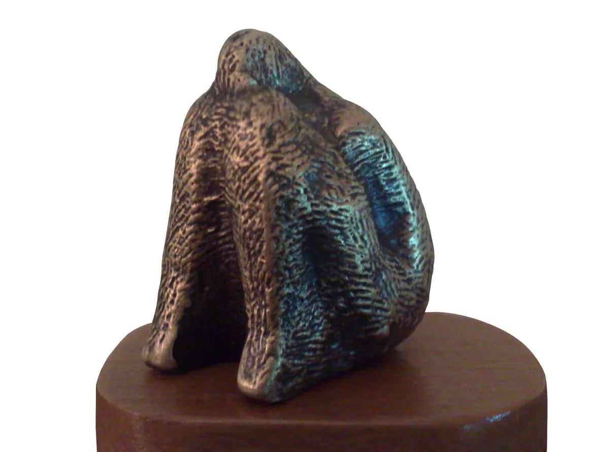 Bronze A11, 2007–2008. Bronze. Rounded bronze form like a hooded, kneeling figure, with a textured surface, on a wooden base.