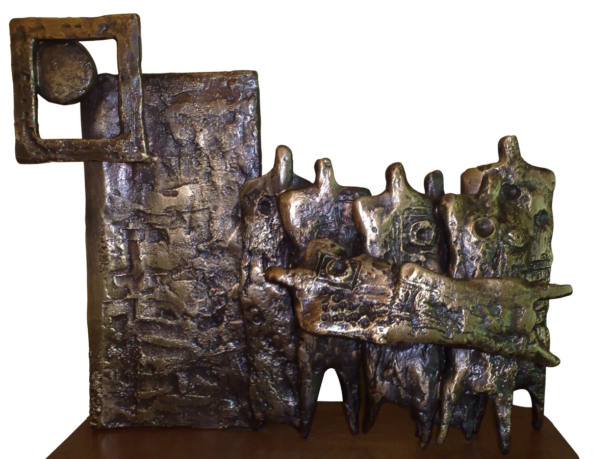 Bronze A13, 2007–2008. Bronze. Textured bronze relief of a row of figures beside a square frame with a circle, on a wooden base.