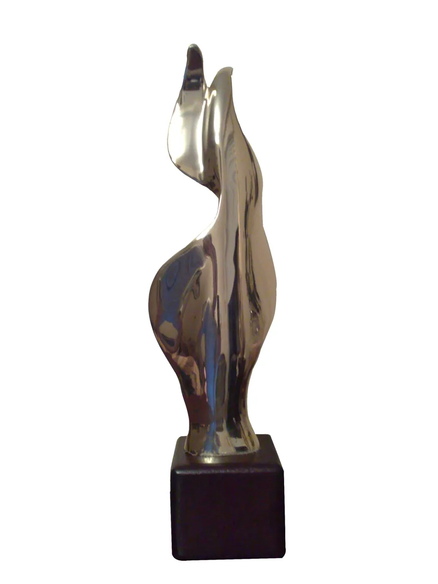 Bronze A16, 2007–2008. Bronze. Polished bronze of a smooth, flame-like abstract figure on a dark wooden block.