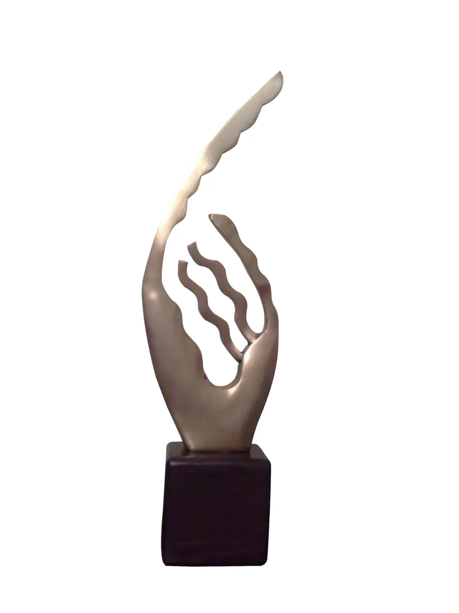Bronze A17, 2007–2008. Bronze. Polished bronze of a hand-like form with wavy fingers rising from a dark wooden block.