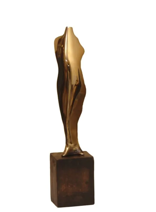 Bronze A19, 2007–2008. Bronze. Polished gold-toned bronze of a slender abstract figure on a wooden block.