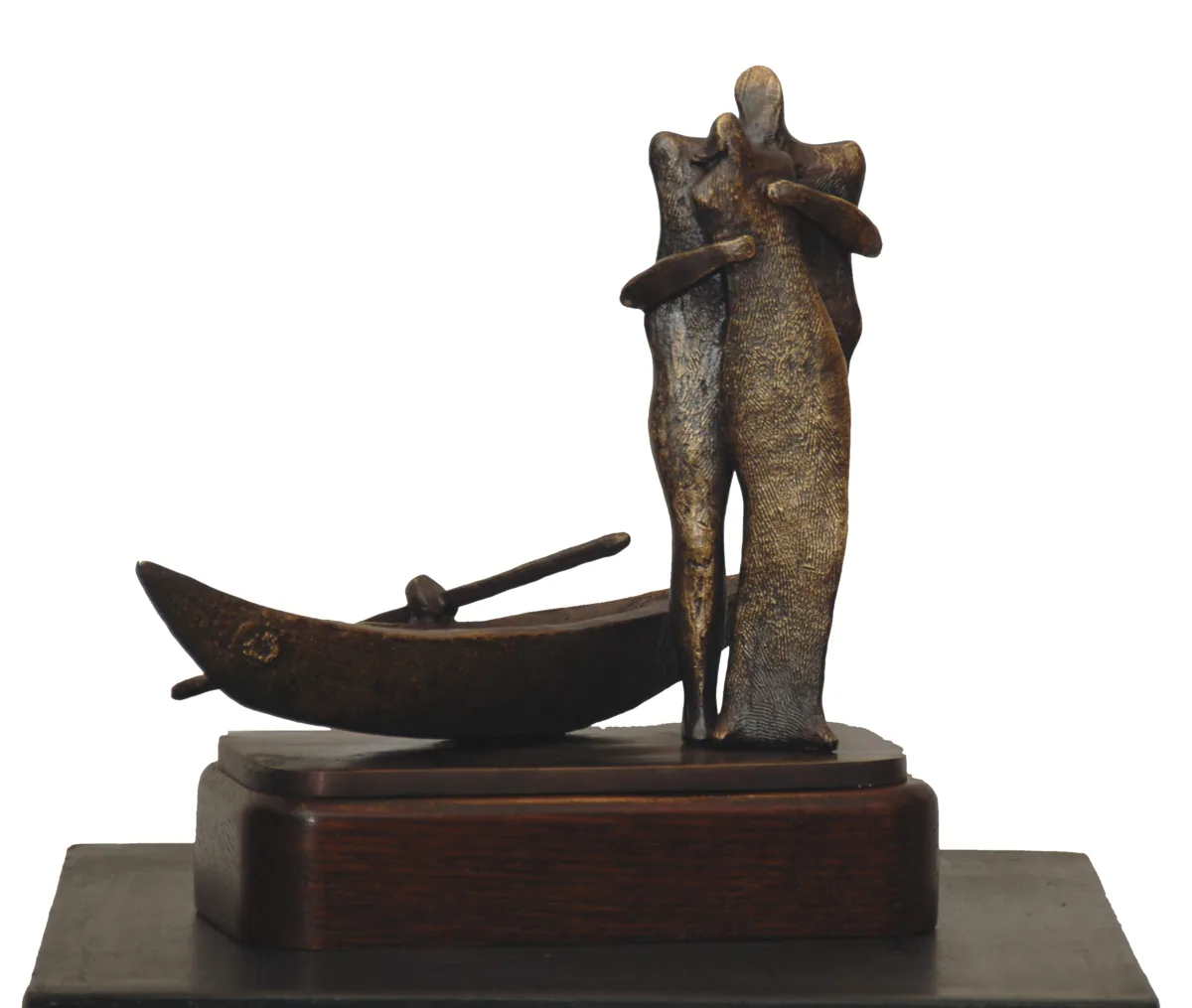 Bronze B18, 2009–2010. Bronze. Bronze of a boat with an oar and a pair of figures standing together, on a wooden base.