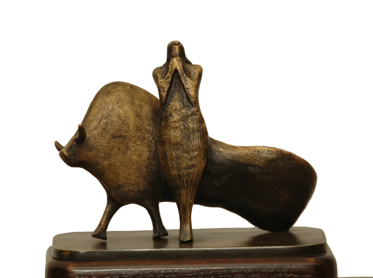 Bronze B20, 2009–2010. Bronze. Bronze of a figure seated astride a large bull-like animal, on a dark base.