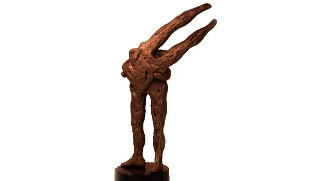 Bronze C2, 2011–2012. Bronze. Small rough-textured bronze figure bending forward with both arms stretched up, on a black base.