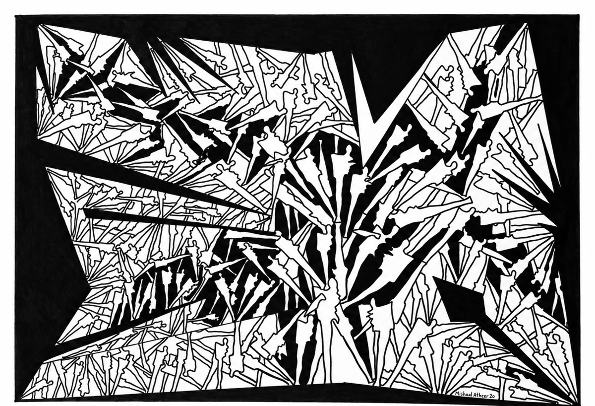 One Root, Many Branches, Exhibited 2027. Marker on paper. Black-and-white drawing of shards radiating upward like branches from a single base.