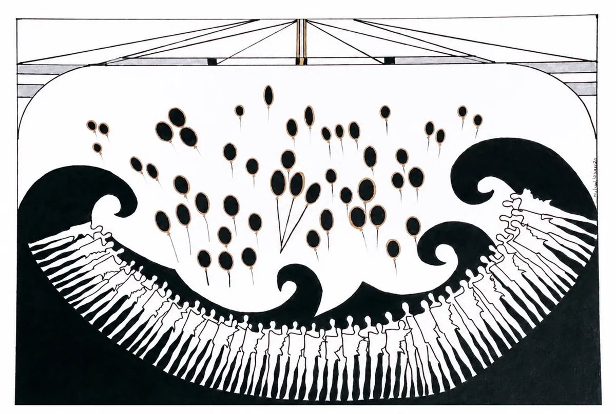 The Bay in Motion, Exhibited 2027. Marker and ink on paper. Drawing of rows of small figures carried on a black wave beneath a cloud of dark ovals, framed by a bridge-like structure.