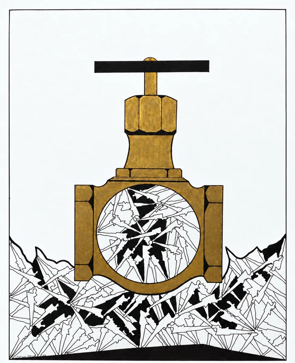 The Price of Power, Exhibited 2027. Marker and acrylic on paper. Drawing of a large gold valve set above a range of shattered, crystalline peaks drawn in black marker.
