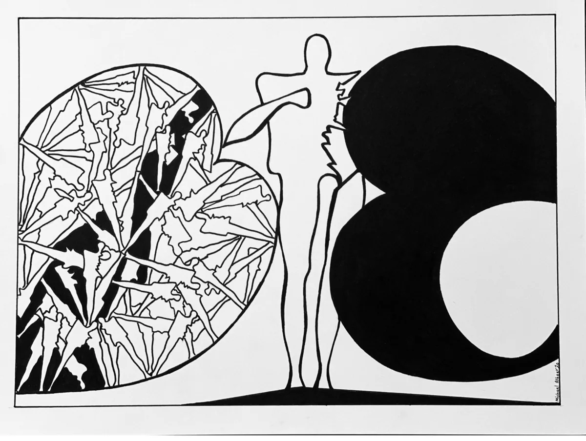 Two Worlds, Exhibited 2027. Marker on paper. Drawing of a standing figure between a circle filled with shards and a large black form with a white crescent.