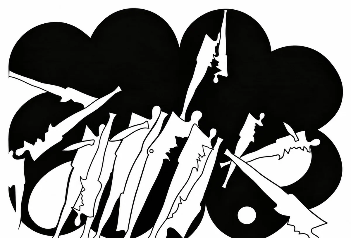 Where We Meet, Exhibited 2027. Marker on paper. Bold black-and-white drawing of rounded cloud-like masses crossed by fragmented figures.