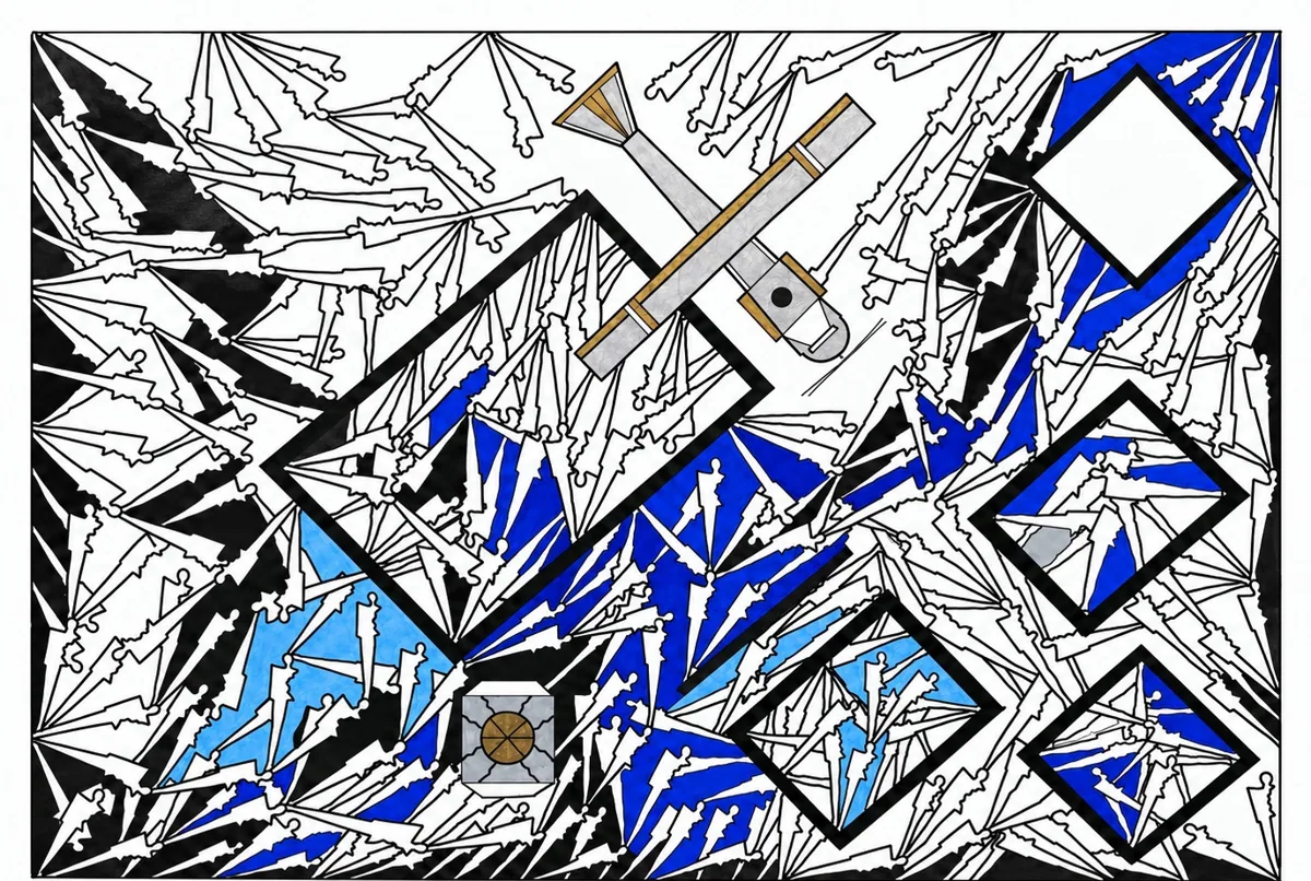 Where Will We Belong?, Exhibited 2027. Ink, marker, and acrylic on paper. Drawing of tilted squares and an aircraft-like shape over a field of black and white shards, with areas of cobalt and pale blue.