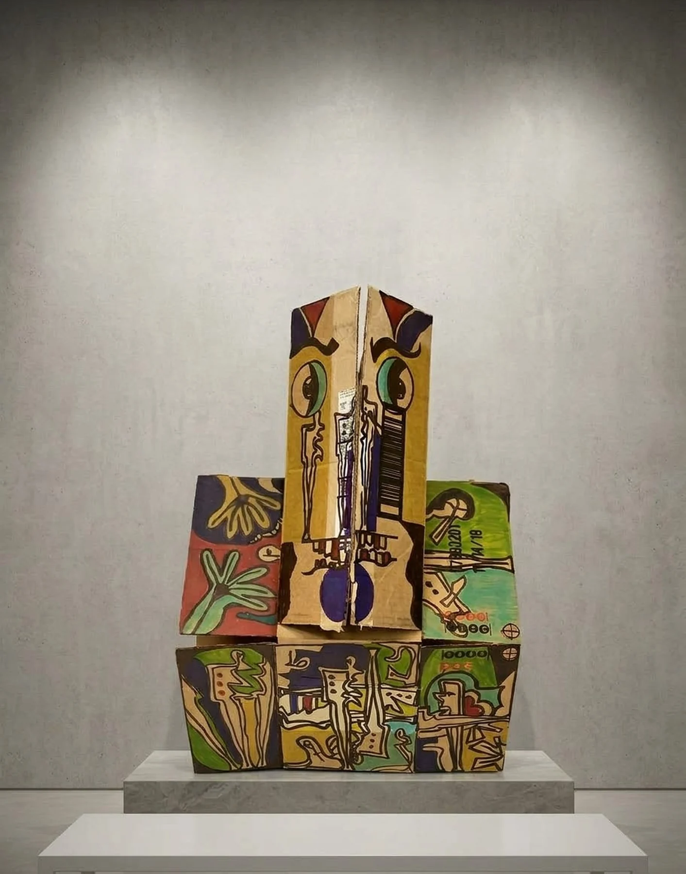 Built from Memories. Cardboard and markers. Stacked cardboard boxes painted with faces, figures and patterns in many colours, rising to a tall head.