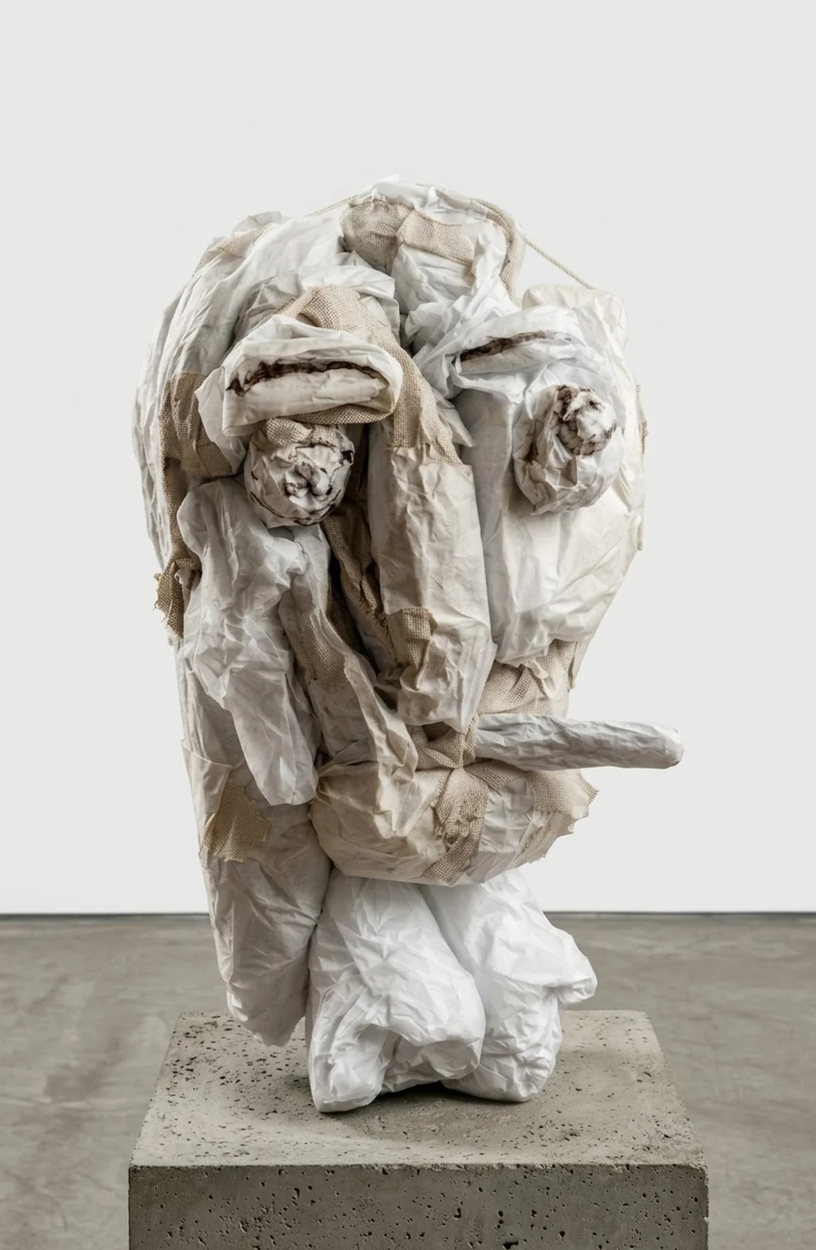 Carrying the Unseen. Paper and sticker tape. A head built from crumpled white paper and tape, resting on a concrete block.