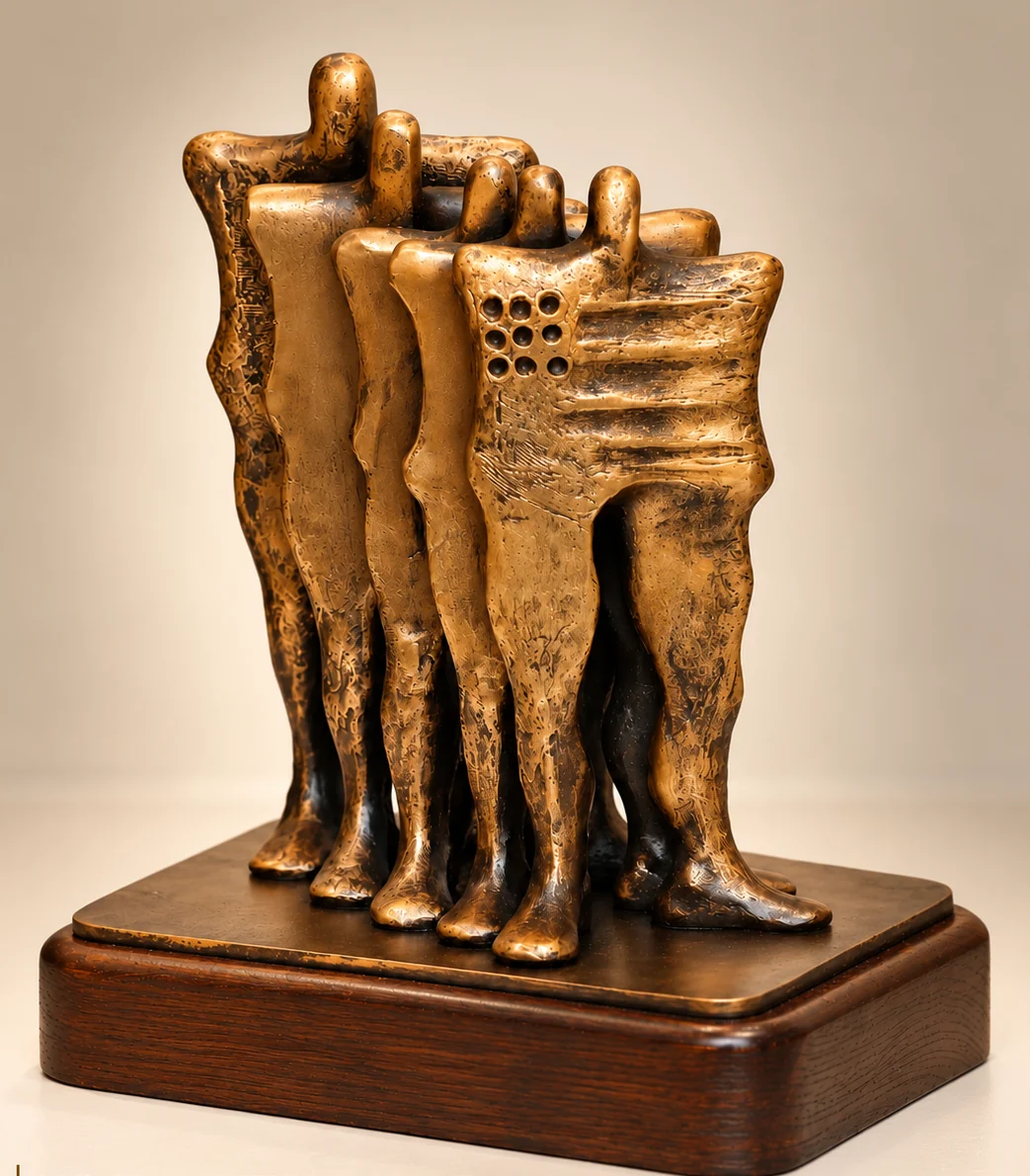In the Shadow of War, 2009. Bronze, wood base. Bronze of a close group of standing figures with textured bodies, side by side.