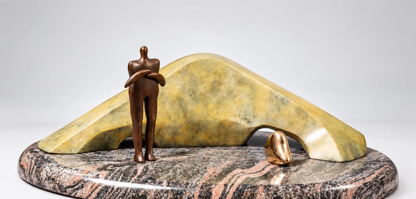Man Dream One, 2017. Bronze, marble base. Small dark bronze figure standing beside a long pale arch on a marbled oval base.
