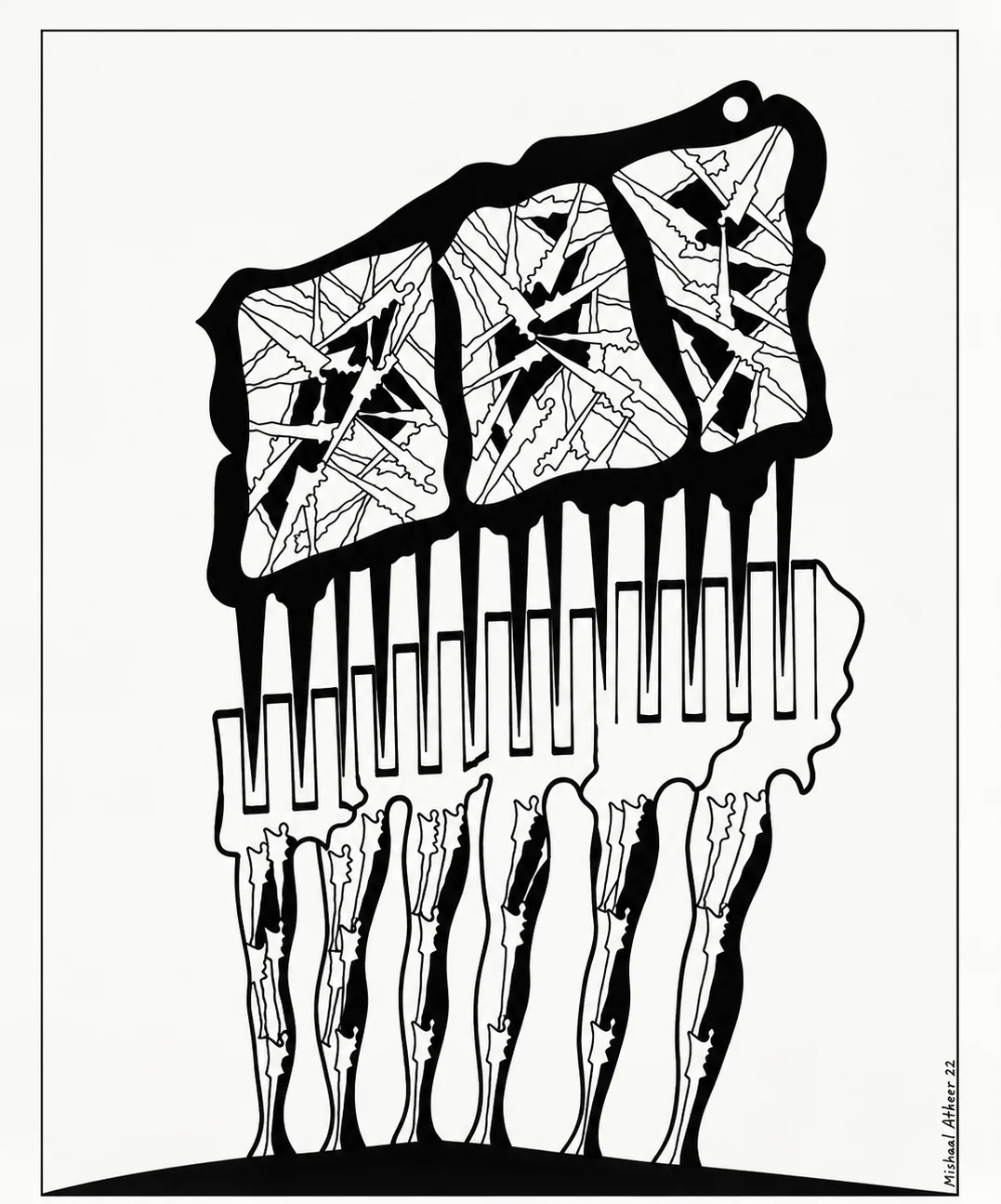The Burden of Silence, 2022. Marker on paper. Drawing of a row of legs supporting a heavy block of fractured, glass-like shapes.