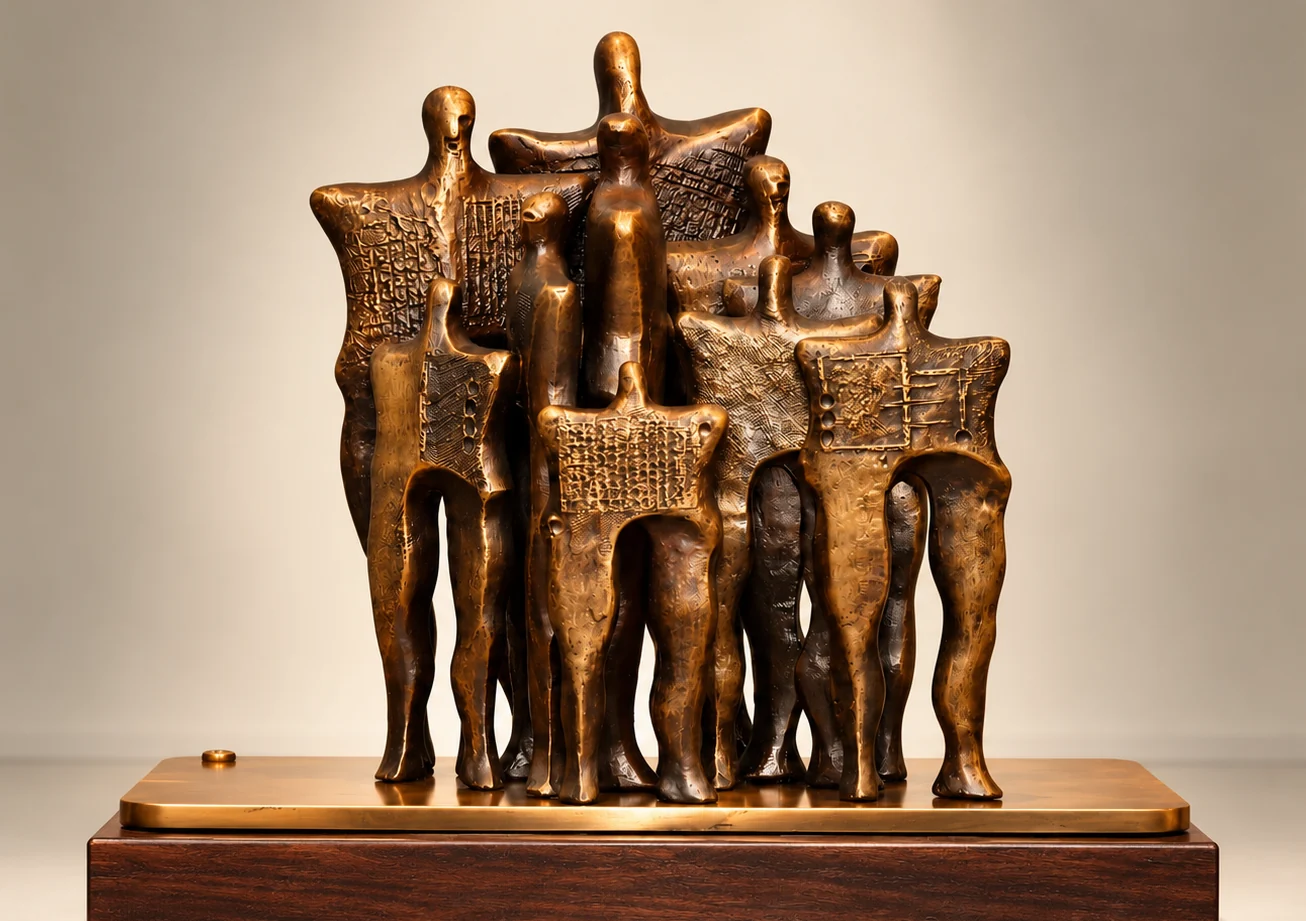 The Collision, 2009. Bronze, wood base. Bronze of a crowd of standing figures of different heights, on a wooden base.