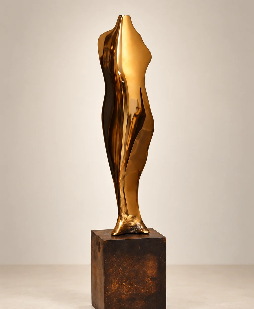 The Silent Presence, 2008. Bronze. Polished gold-toned bronze of a slender abstract figure on a wooden block.