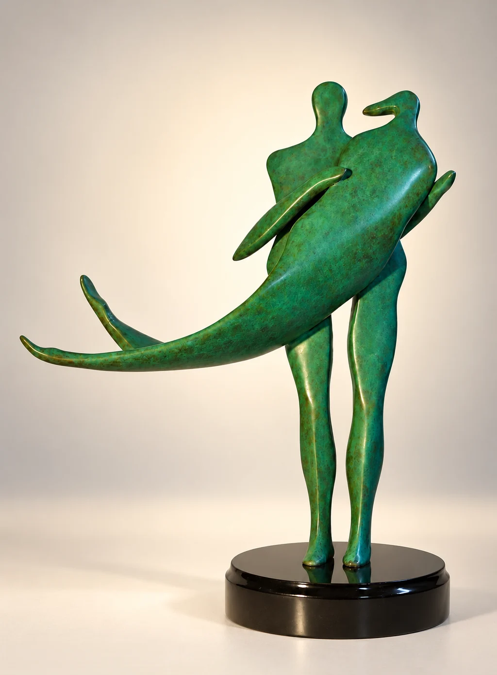 The Weight of Love, 2014. Bronze, green patina. Green-patinated bronze of two figures embracing, one with a long sweeping arm, on a round black base.